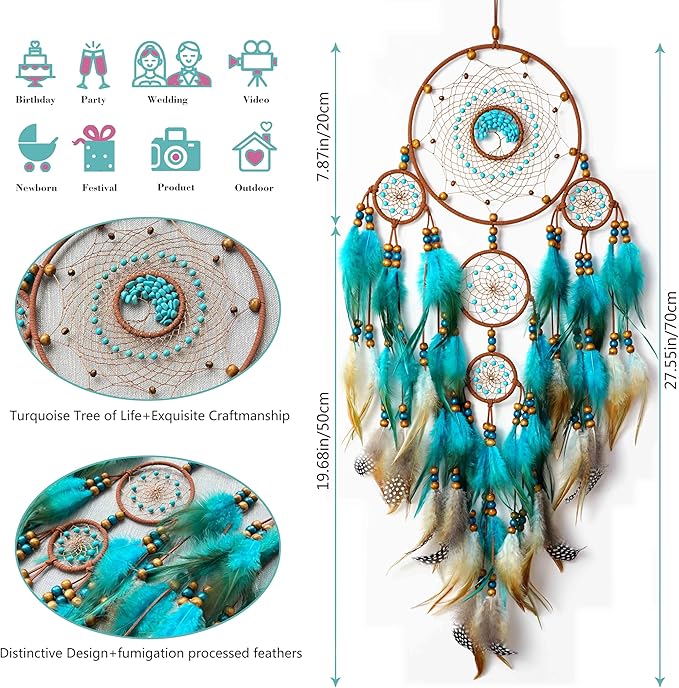 Large Dream Catchers, Boho Handmade Woven Turquoise Dream Catchers Wall Hanging for Bedroom Home Decor, Wedding Party Decor, Adults Boys Girls Festival Blessing Gift (Turquoise & Brown)