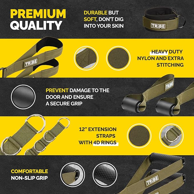 Tribe Lifting Tube Resistance Bands for Working Out Men and Women - 180lb Exercise Bands Set with Handles, Resistance Band Bar, Ankle Straps, Foot Straps, Door Anchor for Home Gym Strength Training