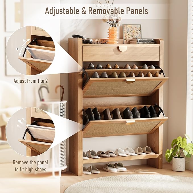Rattan Shoe Storage Cabinet, Shoe Organizer with 2 Flip Drawers, Narrow Shoe Cabinet, Free Standing Hidden Shoe Storage, Shoe Rack for Entryway/Hallway/Closet, Natural Oak
