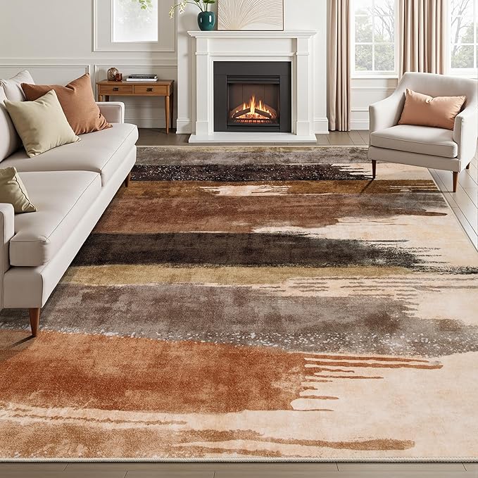 Ciicool Modern Abstract Rug for Living Room, 5'x7' Machine Washable Area Rug Non-Slip Rug, Low-Pile Contemporary Indoor Dining Floor Carpet for Bedroom Office Under Table Home Decor Brown Black