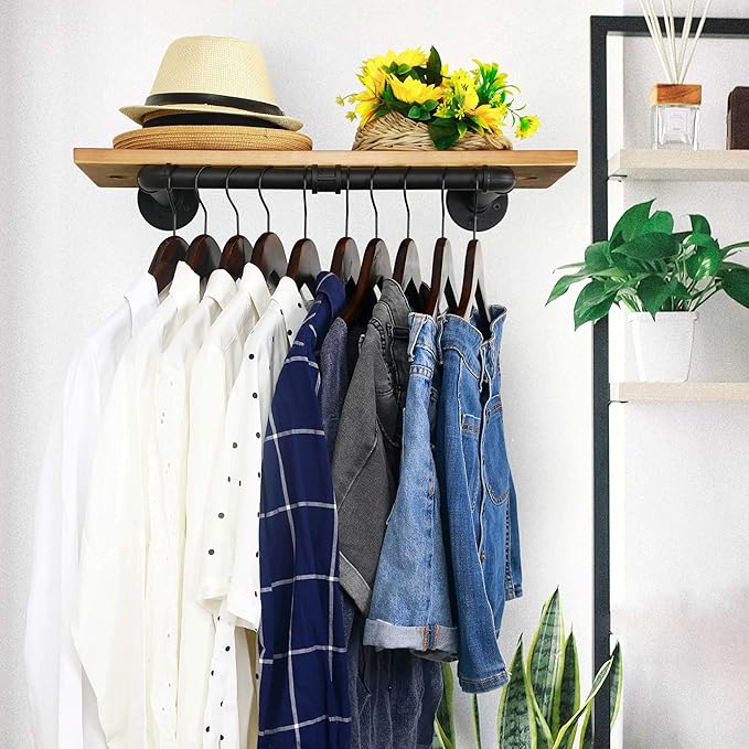WEBI Clothing Rack Wall Mount,20" Industrial Pipe Clothes Rack for Hanging Clothes,Heavy Duty Iron Garment Rack Bar,Retail Display Clothes Rod for Closet,Laundry Room,Black,2 Packs