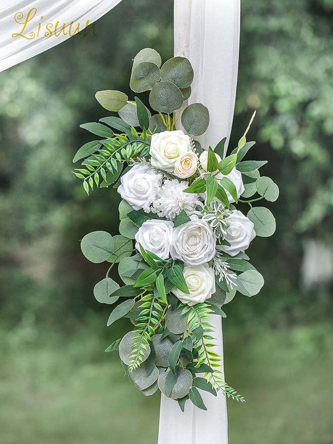 Lisuun Wedding Arch Flowers, Artificial Flowers for Decoration, 2pcs Flower Swag and 1 pcs Semi-Sheer Chiffon Table Runner Swag for Beautiful Dream Wedding Ceremony Floral Decor - Pack of 3