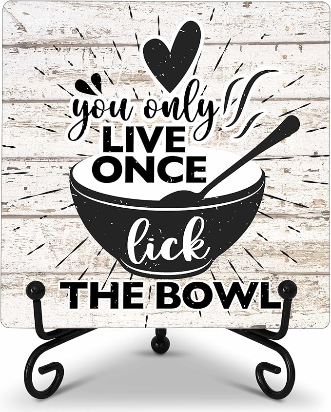 Kitchen Counter Decor, Life Is Short Lick The Bowl Sign, Funny Farmhouse Kitchen Wooden Plaque with Iron Stand for Dinning Room Desk Shelf Display-A11