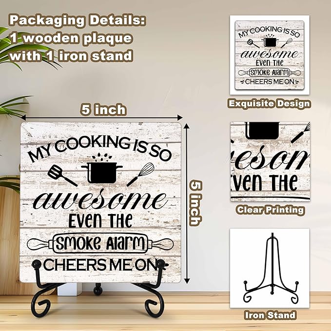 Kitchen Counter Decor, My Cooking Is So Awesome, Table Decorations for Dining Room, Farmhouse Kitchen Wooden Plaque with Iron Stand for Table Shelf Display-A03