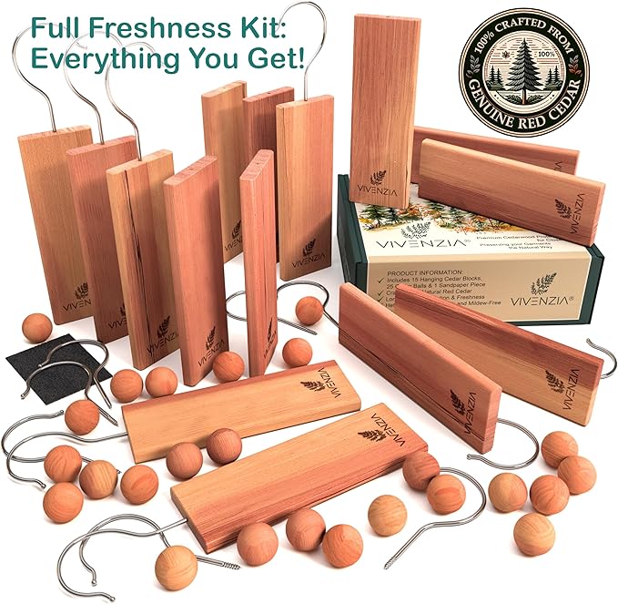 Cedar Blocks for Clothes Storage 40pcs (15 Hang-ups, 25 Balls), Cedar Blocks for Closet, Cedar for Closets, Cedar Planks, Natural Closet Smell Eliminator, Natural Closet Deodorizer