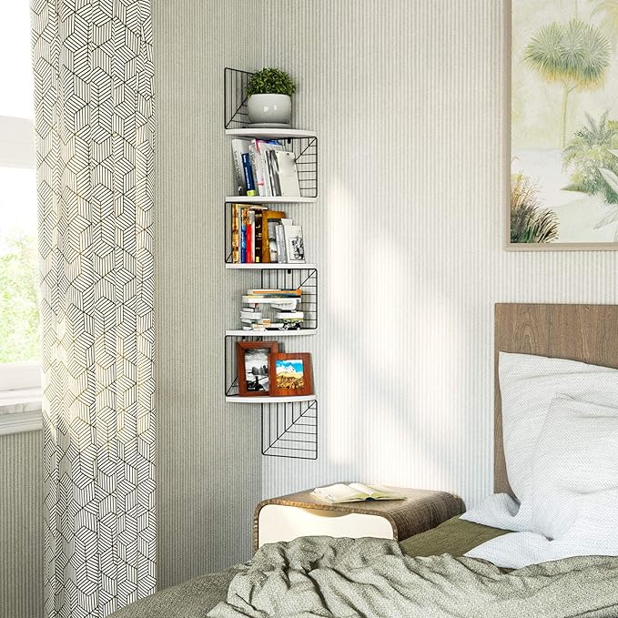Love-KANKEI Corner Shelf Wall Mount of 5 Tier Rustic Wood Floating Shelves Wall Shelves for Bedroom Living Room Bathroom Kitchen Office and More White