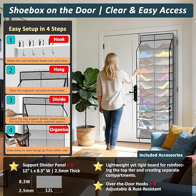 24-Pair Over Door Shoe Organizer for Family & Kids, Double Sided | Hanging Storage for Sneakers, Boots, Toys & Room Organization-Graphite Gray