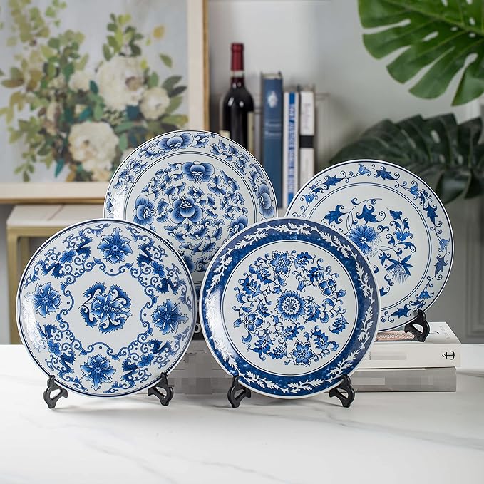 Blue and White Porcelain Decorative Plate of 10.4‘’ 26cm Oriental Floral Pattern Ceramic Ornaments Dessert Plates, 1 Plate with 1 Display Stand