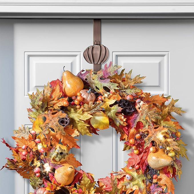 Haute Decor Adapt Adjustable Length Wreath Hanger with Interchangeable Icons (Oil Rubbed Bronze-Bee/Sun/Pumpkin/Snowflake) - 4 Wreath Hangers in 1 - Sturdy Door Wreath Hanger