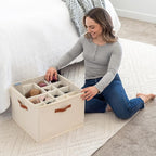 OrganiHaus Large Shoe Storage Bin for Closet, Shoe Organizer Box Fits up to 16 Pairs, Collapsible Fabric Shoe Basket w/Clear Cover, Adjustable Dividers & Reinforced Handles, Off-White