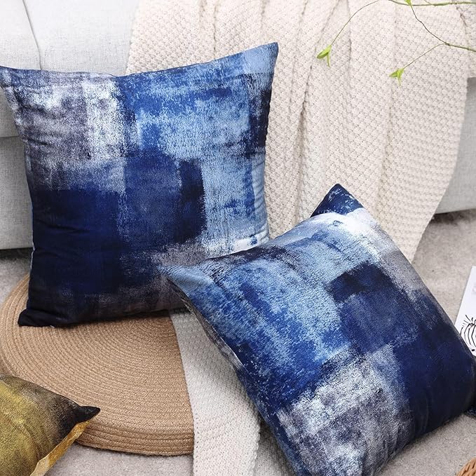 Dark Blue Abstract Art Artwork Pillow Cover, Gallery Modern Decorative Throw Pillows Cushion Cover for Bedroom Sofa Living Room 18 x 18 Inch Set of 2