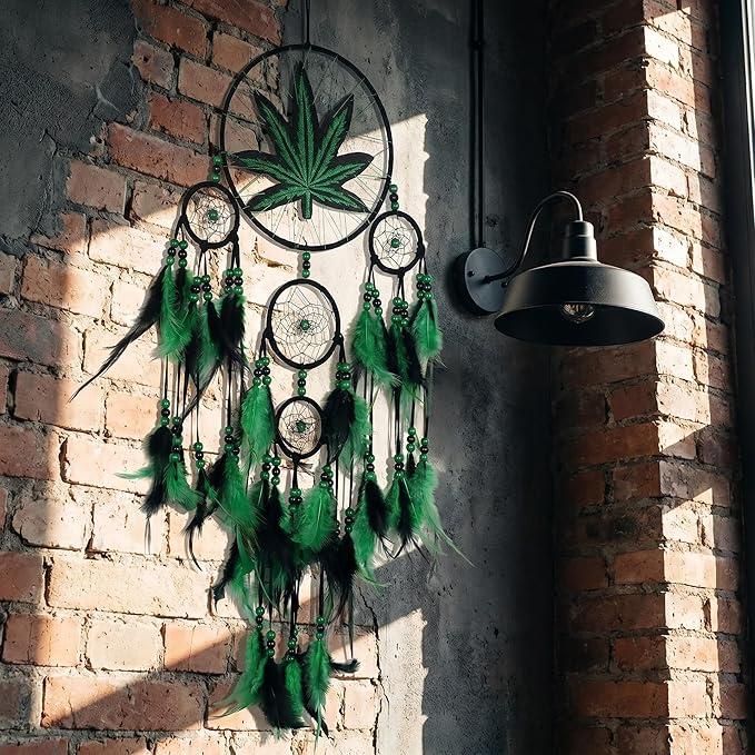 Green Leaf Weed Dream Catcher Wall Hanging Decor Bedroom Adult Living Room Home Bohemian Decorations (5 Rings)