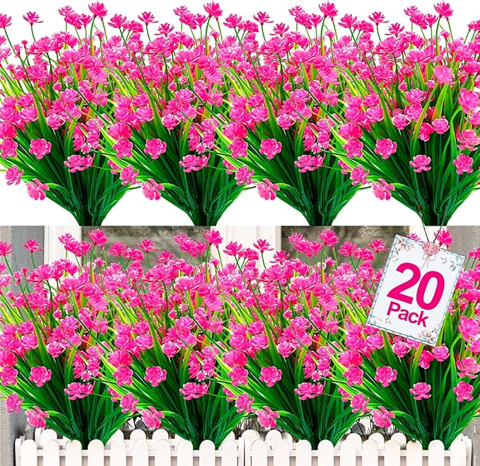 TURNMEON 20 Bundles Artificial Flowers for Outdoors Fake Plants Spring Decor, UV Resistant Artificial Plants Cemetery Flowers Faux Plastic Greenery Shrub for Porch Yard Summer Decor 500 Heads(Pink)