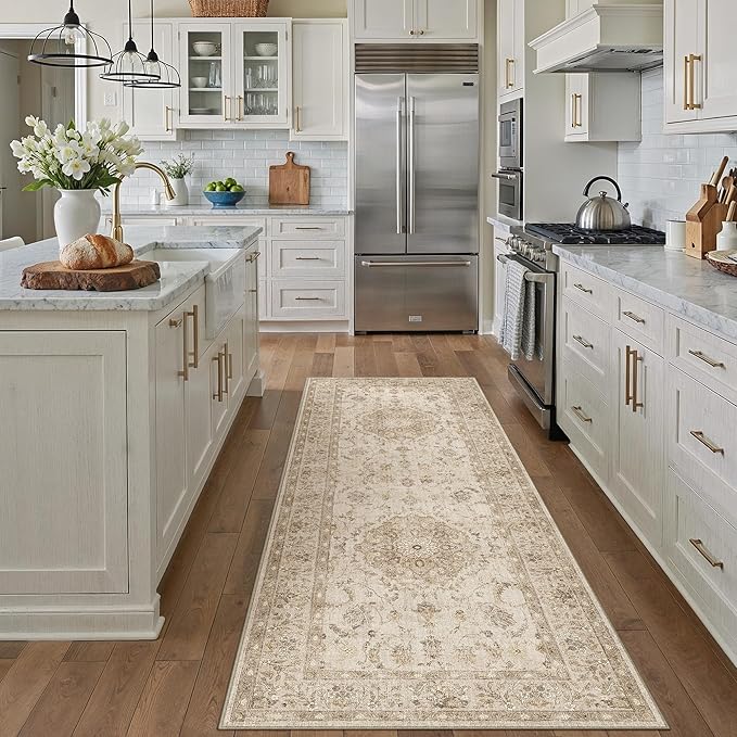 2x6 Beige Runner Rug Washable Hallway Vintage Carpet Kitchen Distressed Small Long Non Slip Low Pile Thin Bedroom Medallion Accent Throw Rug Laundry Living Room