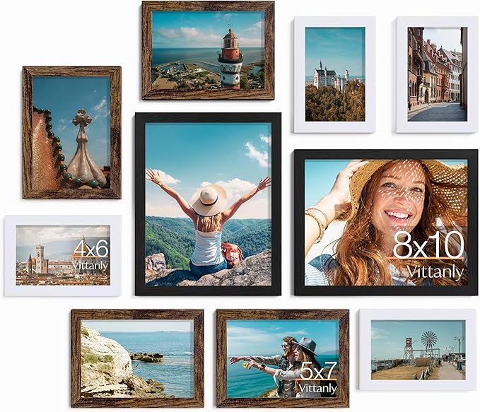 Vittanly Picture Frames Set of 10, Picture Frames Collage Wall Decor with Two 8x10, Four 5x7, and Four 4x6 Photo Frames, Gallery Wall Frame Set for Wall or Tabletop Display, Black, Brown and White