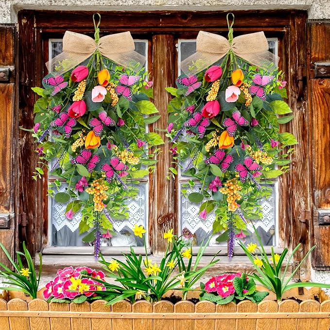 2 PCS 24'' Spring Swags for Front Door Artificial Tulip Teardrop Swags Lavender Butterfly Eucalyptus Swags Wreath Spring Summer Floral Hanging Swags for Farmhouse Wedding Cabinet Home Outdoor Decor