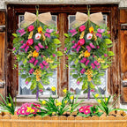 2 PCS 24'' Spring Swags for Front Door Artificial Tulip Teardrop Swags Lavender Butterfly Eucalyptus Swags Wreath Spring Summer Floral Hanging Swags for Farmhouse Wedding Cabinet Home Outdoor Decor