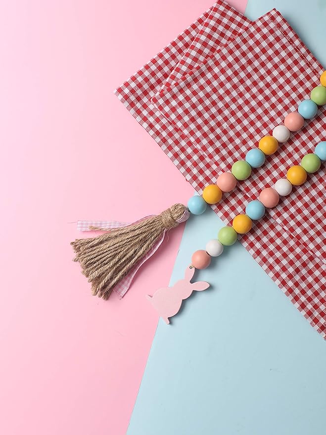 Easter Spring Wood Beaded Garland with Tassels and Bunny Tag Farmhouse Wooden Beads for Tiered Tray Decorations Holiday Country Rustic Prayer Boho Beads Rae Dunn Shelf Décor (Easter Bunny Pink)