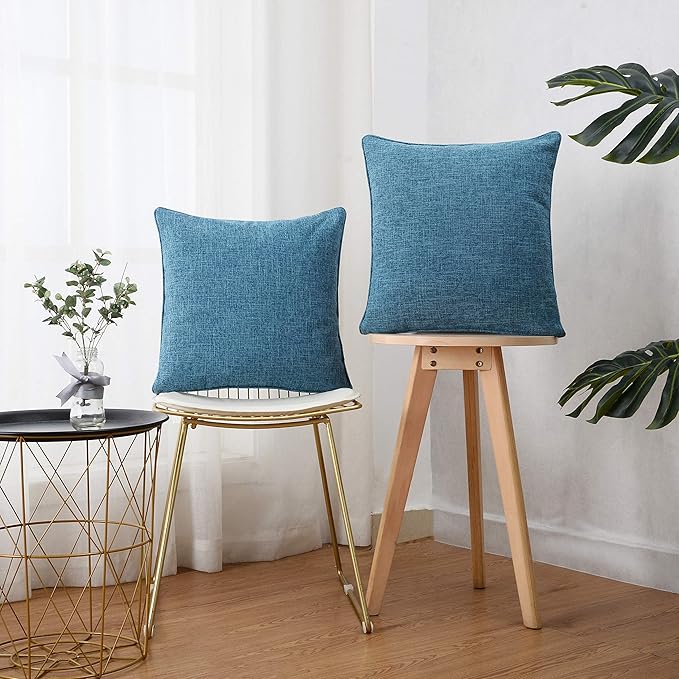 HPUK Linen Throw Pillow Covers Pack of 2, 16x16 Inch Accent Cushion Covers for Living Room, Bedroom, Decorative Solid Color Pillow Covers for Couch, Sofa, Chair, Aqua Blue