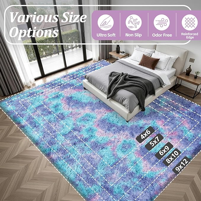 Fluffy 5x7 Area Rugs for Living Room Bedroom: Ultra Soft Shag Rug Non-Slip Non-Shedding Small Plush Bedside Rug Indoor Floor Carpets for Kids Room Playroom Entryway Nursery Dorms Home Rainbow Purple