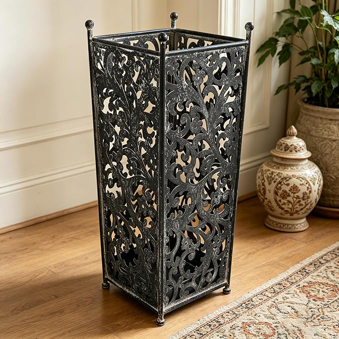 Vintage Metal Distressed Black Umbrella Holder 20"H Square Umbrella Stands with Removable Drip Tray Entryway Organizer Bucket for Foyer/Porch - Holds Multiple Umbrellas, Walking Sticks & Canes