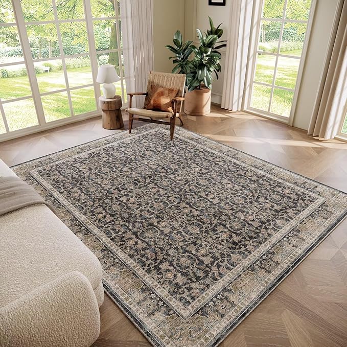Washable 6x9 Area Rugs for Living Room, Boho Non-Slip Vintage Distress Large Rugs for Bedroom Dining Room Nursery Office, 0.3" Neutral Oriental Throw Thin Carpet, Black/Brown/Blue/Multi