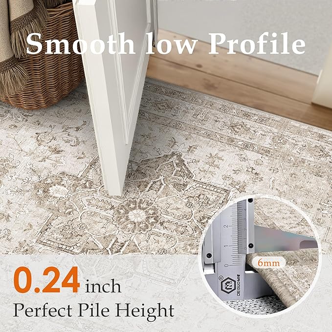 Taupe 8x10 Area Rug Washable Vintage Living Room Carpet Non Slip Retro Distressed Low Pile Soft Oriental Medallion Thin Large Throw Rug for Office Bedroom Dining Room Playroom