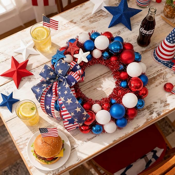HipTree 16 Inch Patriotic Ball Wreath for Front Door with Lights, 4th of July Wreath with Red White Blue Stars & Ribbon for Memorial Day, Independence Day,Veterans Day, Flag Day,Summer Decorations