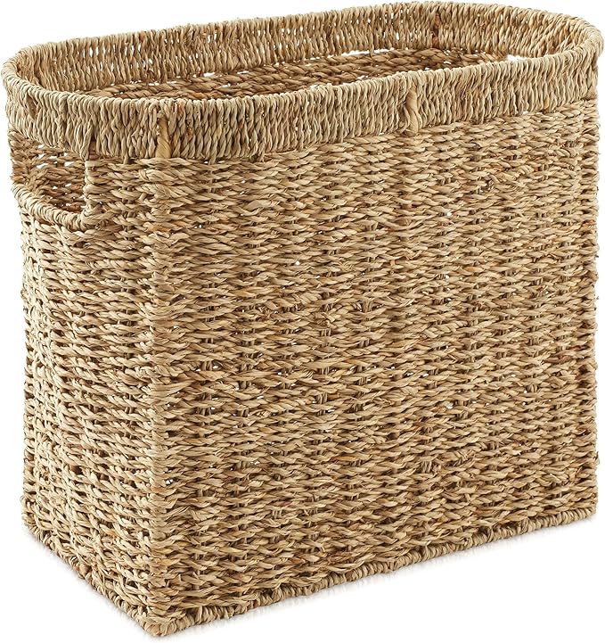 Casafield Woven Magazine Holder with Handles, Natural - Seagrass Storage Basket for Bathroom, Living Room, Home Office