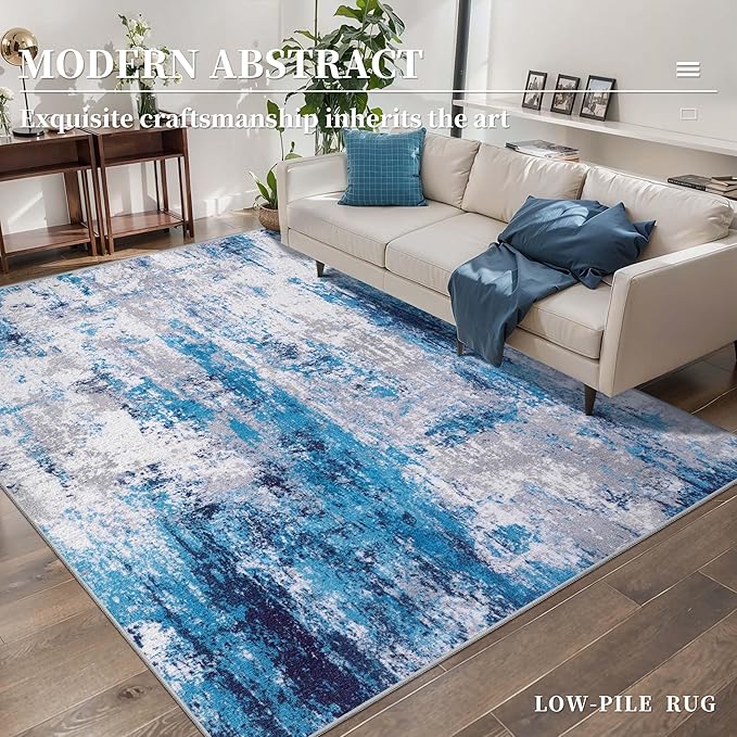 Ciicool Abstract Area Rug Indoor, 3x5 Washable Entryway Rug, Modern Soft Throw Rug with Non-Slip Backing Ideal for Bedroom Living Room Entrance Kitchen, Low-Pile Floor Carpet Doormat Grey Blue