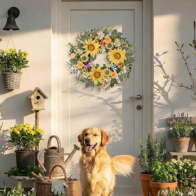 DecorbyHannah Spring Sunflower Summer Wreaths for Front Door Outside All Season, 22 Inch Artificial Collapsible Flower Wreaths with Daisy and Bee, Sunflower Decor for Porch, Wedding Housewarming Gifts