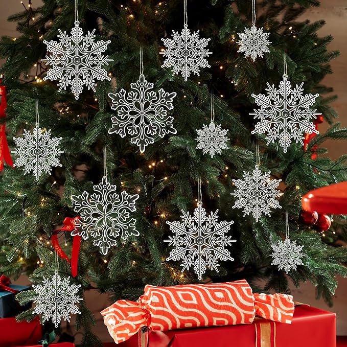 Christmas Tree Decorations Snowflake Ornaments 36Pcs Clear Plastic Hanging Snowflakes from Ceiling Snow Flakes Decorating Hanging for Winter Wonderland Decorations Indoor Outdoor Decor