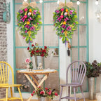 2 PCS 24'' Spring Swags for Front Door Artificial Tulip Teardrop Swags Lavender Butterfly Eucalyptus Swags Wreath Spring Summer Floral Hanging Swags for Farmhouse Wedding Cabinet Home Outdoor Decor