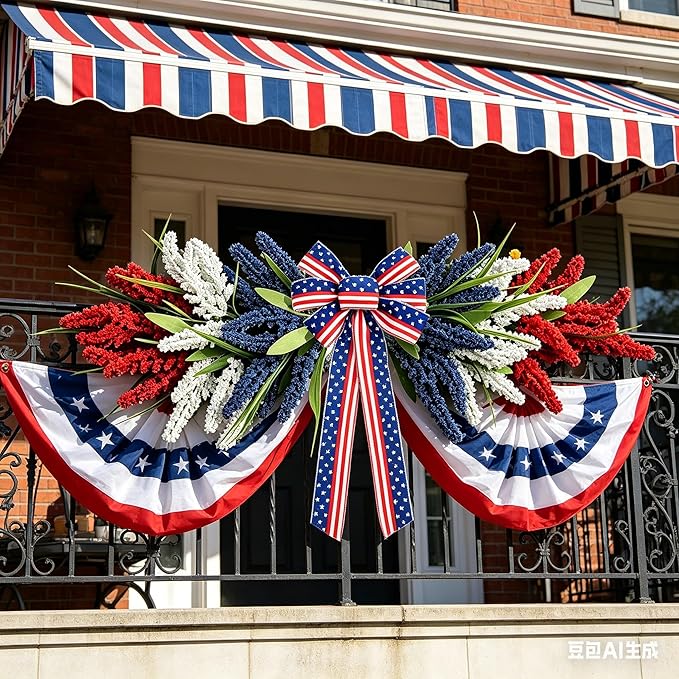 21'' 4th of July Large Swag Wreath for Front Door Red White and Blue Wheat Sheaf Artificial Independence Day Teardrop Swag for Farmhouse Kitchen Cabinet Porch Wall Window Memorial Day Arch Decoration