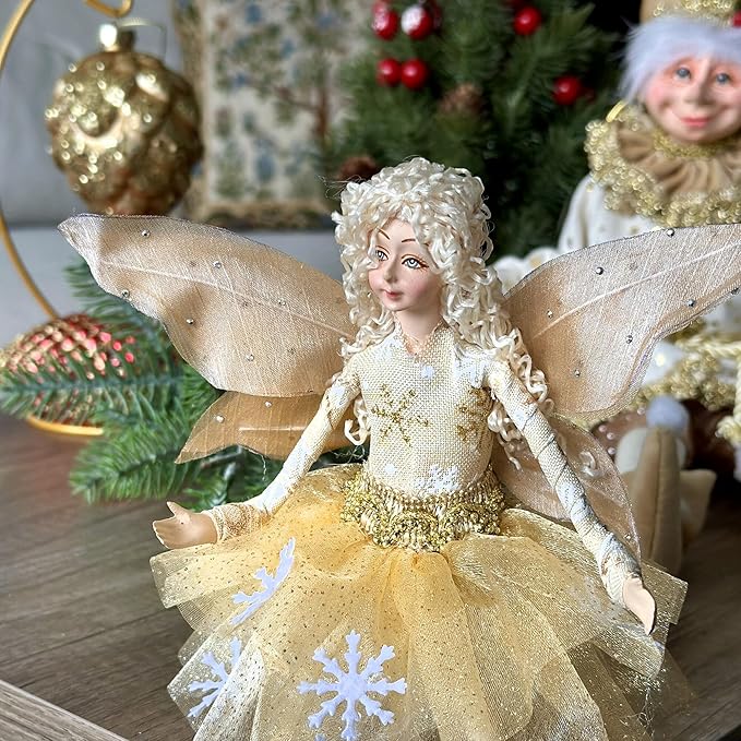 STP GOODS Christmas Decor Collectible Doll 12" Figurine for Home Decor & Holiday Posable Fairy Doll Indoor Christmas Seasonal Decoration Collectible Doll (Fairy in Gold)