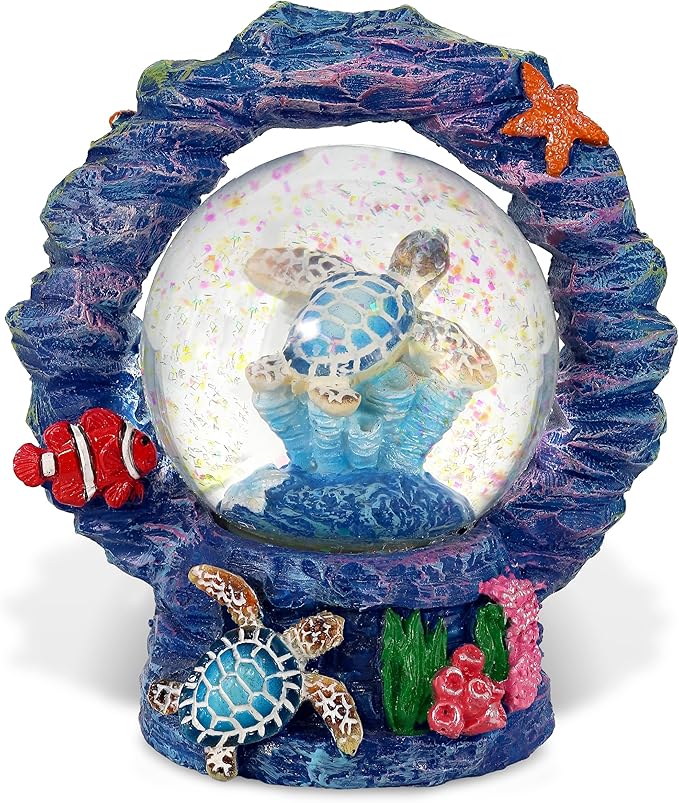 CoTa Global Sea Turtle Coral Snow Globe Decor - Elegant Pink Sparkle Glitter Inside The Snow Globe Figure, Animal Figurines for Kids and Adults, Collectible Snow Globes for Birthday, Christmas - 45 mm
