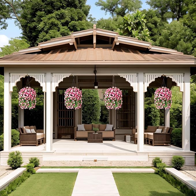 Artificial Fake Hanging Flowers Plants for Outdoor Decoration, 2PCS Faux Silk Morning Glory Long Vines Stems UV Resistant Look Real for Spring Summer Outside Home Porch Patio, Pink