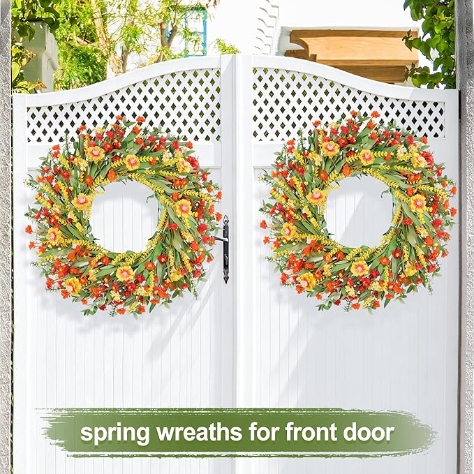 26" Floral Wreath, Artificial Spring Wreaths for Front Door, with Wildflower Portulaca Flowers, Indoor Outdoor Porch Window Wall Home Decor for Valentine’s Day Easter, Summer & Wedding Orange