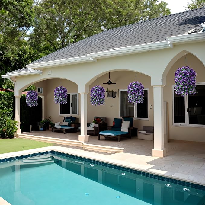 Artificial Flowers with Hanging Basket, Outdoor Faux Plants Silk Morning Glory Vines, Fake Green Arrangement for Garden Patio Spring Summer Decor(Purple)