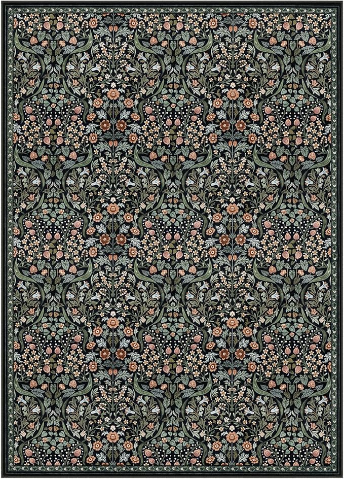 Moynesa Floral Washable 10x14 Rug, Boho Extra Large Living Room Area Rug, Botanical Dining Room Rugs for Under Table, Non Slip Ultra Thin Floor Carpet for Home Office Farmhouse, Black