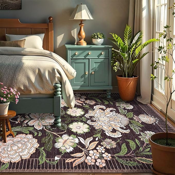 GarveeHome Plum Pink Floral Christmas Washable 5x7 Rug for Living Room, Black Purple Vintage Boho Cottage Throw Rugs Low Pile Carpet for Bedroom Dining Nursery Rug