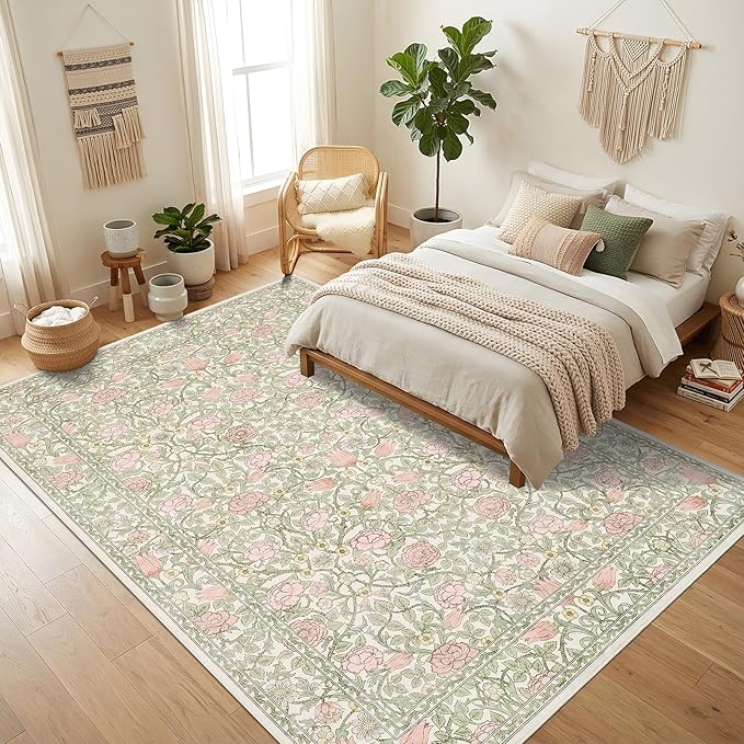 GarveeHome Pink and Green Vintage Floral Washable Rugs 6x9 for Living Room Boho Retro Botanical Rug Low Pile Stain Resistance Non Slip Carpet for Bedroom Nursery Dining Room