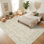 GarveeHome Pink and Green Vintage Floral Washable Rugs 5x7 for Living Room Boho Retro Botanical Rug Low Pile Stain Resistance Non Slip Carpet for Bedroom Nursery Dining Room