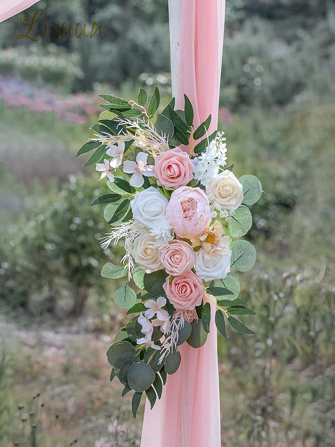 Lisuun Wedding Arch Flowers, Artificial Flowers for Decoration, 2pcs Flower Swag and 1 pcs Semi-Sheer Chiffon Table Runner Swag for Beautiful Dream Wedding Ceremony Floral Decor - Pack of 3