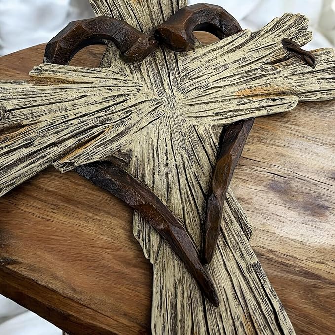 Rustic Wood-Look Resin Wall Cross with Barbed Wire & Nail Heart Accents – 11 ½” Christian Farmhouse Wall Décor, Inspirational Religious Gift (Whitewash)