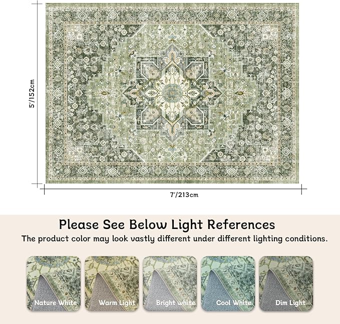5×7 Machine Washable Rug for Living Room, Boho Vintage 5×7 Area Rug，Distressed Accent Low Pile Ultra Soft Large Carpet for Bedroom Bathroom Dining Room, Floral/Green