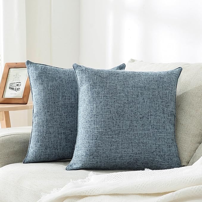 HPUK Linen Throw Pillow Covers Pack of 2, 18x18 Inch Accent Cushion Covers for Living Room, Bedroom, Decorative Solid Color Pillow Covers for Couch, Sofa, Chair, Blue