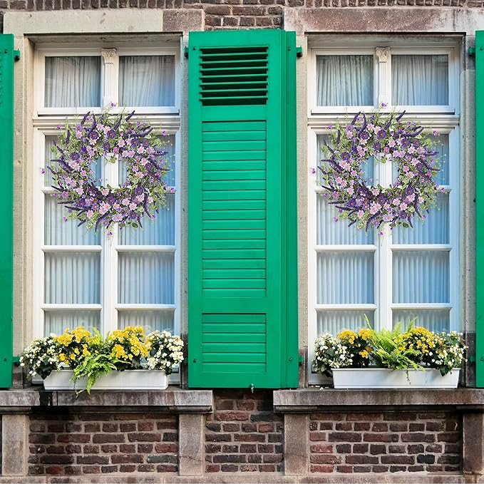 Sggvecsy Purple Daisy Wreath 24 Inch Spring Summer Wreath with Fake Silk Floral Green Eucalyptus Leaves and Lavender for Front Door Window Wall Wedding Farmhouse Festival Decor