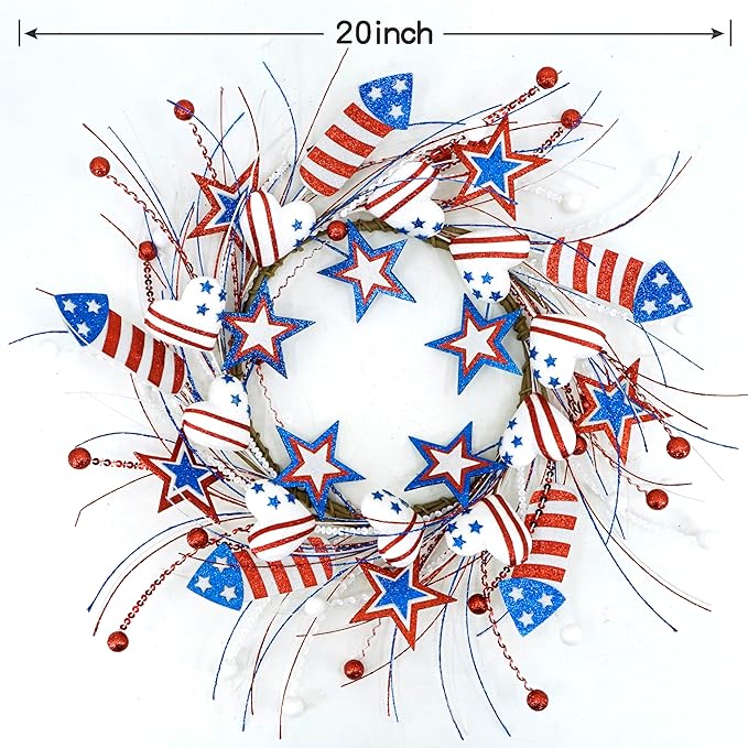 AMF0RESJ 4th of July Wreath Patriotic Wreaths for Front Door with red,White,Blue Glitter Star for Front Door Farmhouse Home Wall Independence Day Decoration