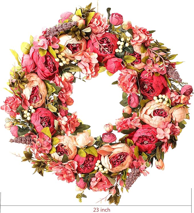 Peony Wreaths for Front Door | 23 inch Spring Front Door Wreath Summer Fall Wreaths for Outside Door or Window Decor